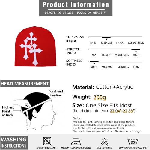Fashion Knit Beanie with Cross Pattern Y2K Unisex Soft Jacquard Cap Popular Hip-Hop Cool Street Outdoor Sports Earflap Hat - color: Red