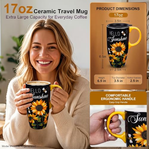 Topadorn 17oz Ceramic Travel Mug with Lid, Sunflower Floral Coffee Mug - color: Hello,Sunshine