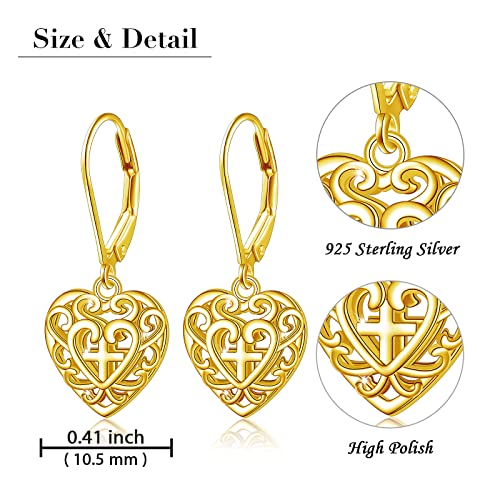 S925 Sterling Silver Heart Dangle Drop Earrings for Women Jewelry Gift - style: Heart Cross Gold-Plated