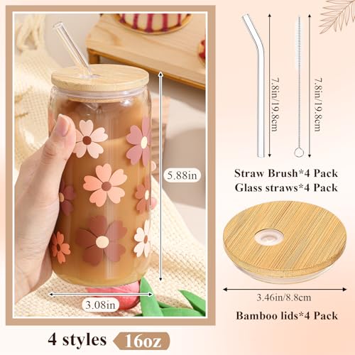 Mumufy 4 Pack Cute Boho Glass Cup, 16 oz Tumbler Mug with Bamboo Lid - style: Cute Boho