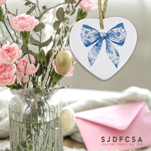 Chinoiserie Blue Bow Ornament, Grandmillennial Blue and White Bow Hanging Heart Ornaments for Christmas Tree Holiday Party Decorations, Preppy Girly Decorative Ornaments Keepsake TCP - color: Bow-blue-3