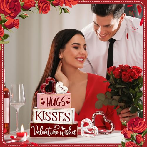 Britimes Tiered Tray Decor Set, 4 Pack, Wooden Table Sign, Red Valentine - style: Hug Kisses