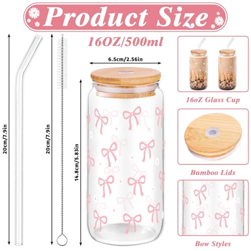 2 Pcs Cute Pink Bow Glass Cups with Lid and Straws Preppy Stuff For Girls - style: Pink Bow