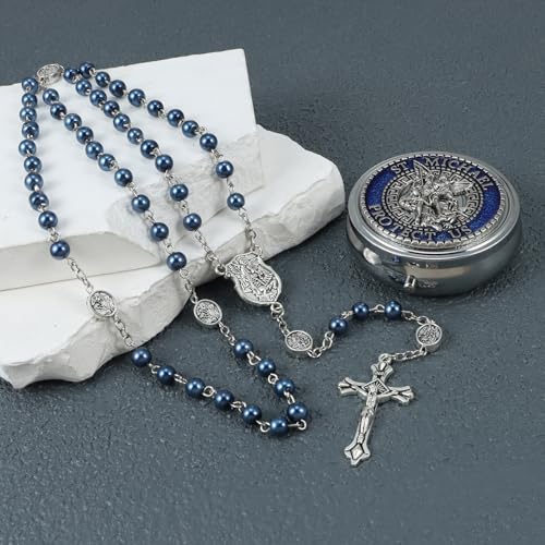 Saint Michael the Archangel Catholic Rosary Necklace - color: Saint Michael-Blue