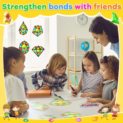 Lonfliness 32Sets Jewel Suncatchers Ornaments Kit DIY Window Stained Glass Effect Paper for Sun Catchers Craft Home Decor Creative Art Projects Activity Birthday Gift - style: Diamond
