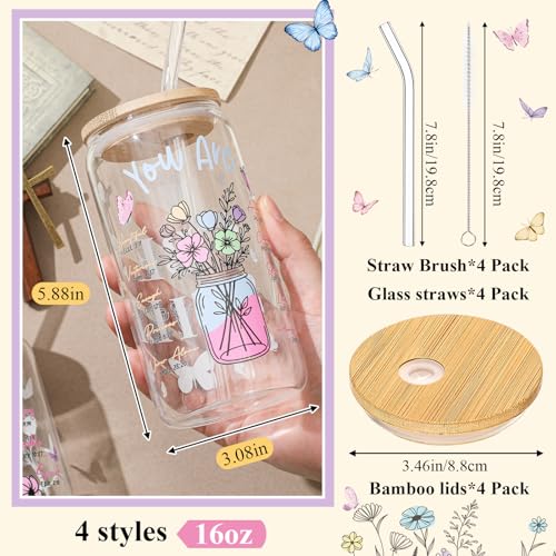 Mumufy 4 Pack Christian Flower Glass Cup, 16 oz Tumbler Mug with Bamboo Lid - style: Christian Flower