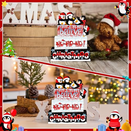 Britimes Christmas Tiered Tray Decor Set, 4 Pack Wooden Table Sign, Penguin - style: Penguin