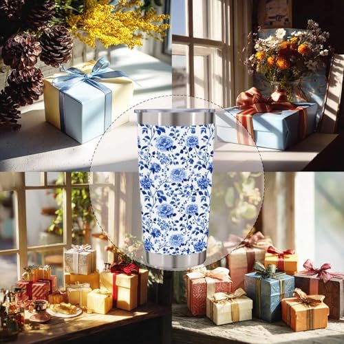 Blue and White Chinoiserie Floral Tumbler 20 oz, Peony Insulated Stainless Steel Cup with Lid and Straw, Botanical Travel Coffee Mug, Gifts for Women Mom, Flower Lovers - color: Blue Floral