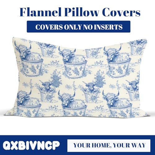 Highland Cow Throw Pillow Covers 12x20 Inch, Blue and White Floral - color: Cow