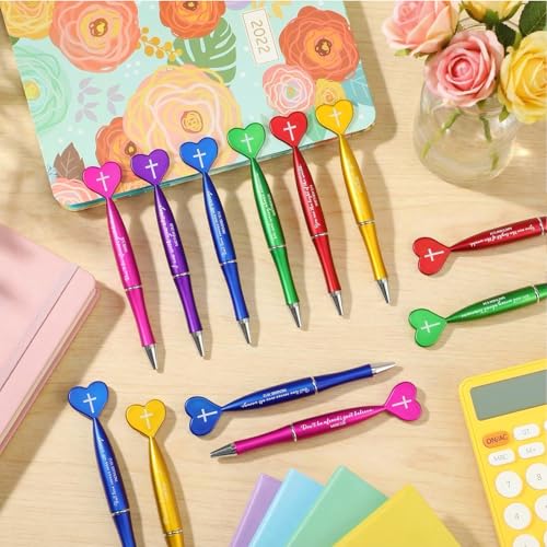 Sayglossy 120 Pcs Christian Gifts Pens Bulk Motivational Bible Verse Quote Heart Shaped Motivational Ballpoint Pens for Church 6 Colors