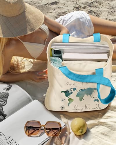 Miss Adola Aesthetic 2 Pack Canvas Tote Bag - with Makeup Zipper Pouch for Women Bag for Shopping, Gym, Travel, Vacation - color: Watercolour Map