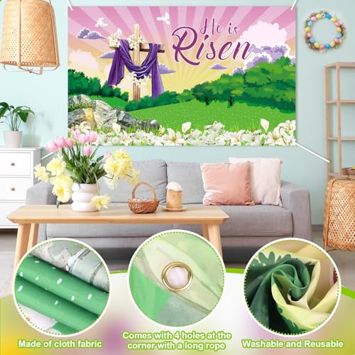 Large He is Risen Easter Banner Decorations Flag Outdoor 72x44 Inch, Cross Sign Christian Jesus Lily Flowers Banner for Indoor Home House Decor Party Supplies, Spring Yard Sign Background for Photography - color: Purple Easter