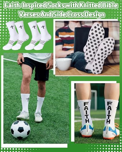 Chicingyou 12 Pairs Cross Grip Soccer Socks, Philippians 4:13 Bible Verse Christian Anti Slip Football Socks for Men Women - color: White
