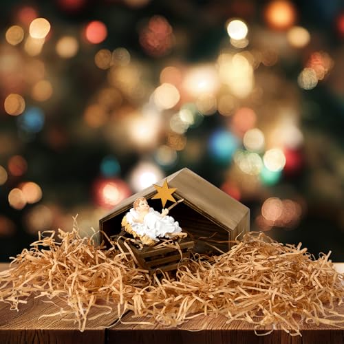 Threehoney Wooden Jesus Manger Scenes Christmas Nativity Stable with Raphia Grass Christmas Decoration Mini Manger Holy Family Nativity Scene Xmas Home Table Desk Decor