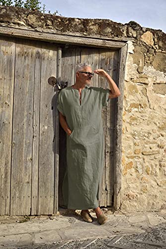 COOFANDY Men's V-Neck Linen Robe Short Sleeve Kaftan Thobe Long Gown Casual Shirt for Beach, Summer - color: Olive Green, size: Large