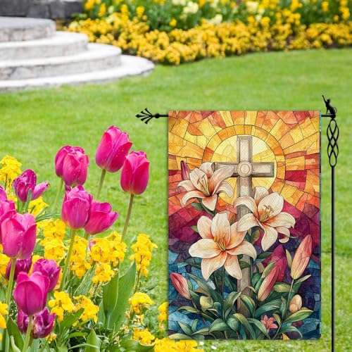 He is Risen Cross Garden Flag Stained Glass Style Spring Easter Garden Flag Lily Vertical Double Sided Rustic Farmland Burlap Yard Lawn Outdoor Decor 12.5x18" - color: He is Risen Cross #WQ318