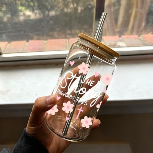 16oz She Is Strong Glass Cup with Bamboo Lid & Straw, Christian Gifts for Women, Inspirational Bible Verse Floral Religious Tumbler for Birthday Baptism Christmas, Cute Daisy Aesthetic Glass Cup