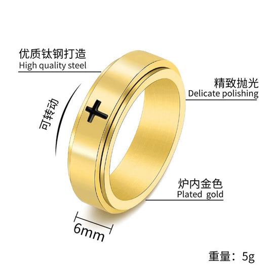 Fuqimanman2020 6mm Stainless Steel Cross Spinner Band Ring Stress Relief Christian Jesus Christ Lord Prayer Rotating Fidget for Men Women Anxiety Religious Engagement Wedding Jewelry - color: Gold