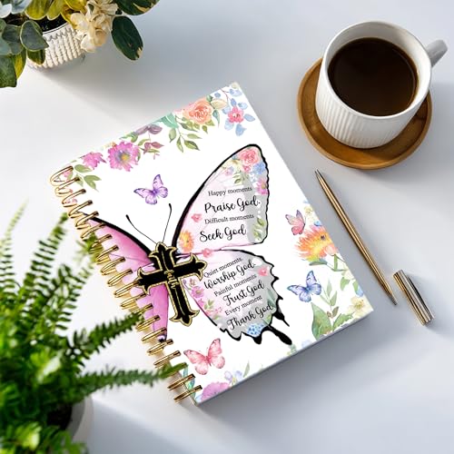 Bible Notebook, A5 Spiral Christian Journal with Floral Pink Butterfly Notebook, Bible Verse-God Says You Are, Inspirational Notebooks for Women, Bible Study, Gift for Birthday Christmas - color: White