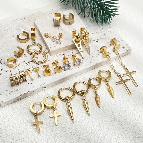 14 Pairs Earrings for Men and Women - Black Stud, Hoop, Cross, and Dangling Earrings Set - Stainless Steel Ear Cuffs Piercing Jewelry - color: Gold