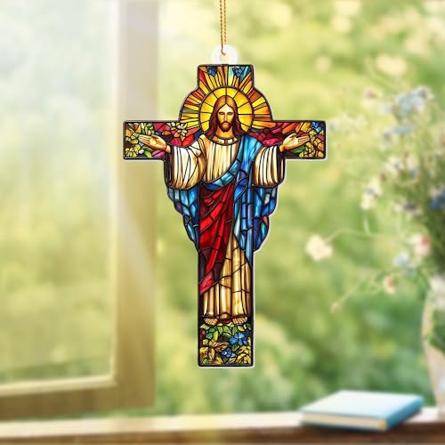 Stained Glass Jesus Cross Car Hanging Ornament – Acrylic Rearview Mirror Charm, Christian Cross Sun Catcher for Car or Home, Inspirational Religious Gift for Men & Women(Sun-29) - color: Sun-29