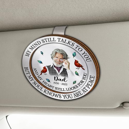 Personalized Memorial Car Visor Clip with Photo Frame – Custom in Memory Gift for Loss of Loved One for Mothers Fathers (My Mind Still Talks to You-Dad) - color: My Mind Still Talks to You-Dad