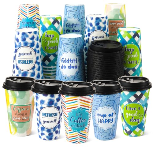 50 Pack 16 oz Disposable Coffee Cups with Lids Blue Colorful - style: Blue and Colorful Inspirational Quotes