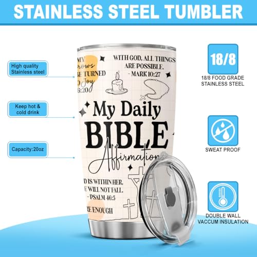 Bible Verse Tumbler with Daily Affirmations for Women, 20oz Stainless Steel Insulated Cup for Christian Faith, Religious Gift for Prayer, Inspirational Scripture Travel Mug - color: Bible Affirmation