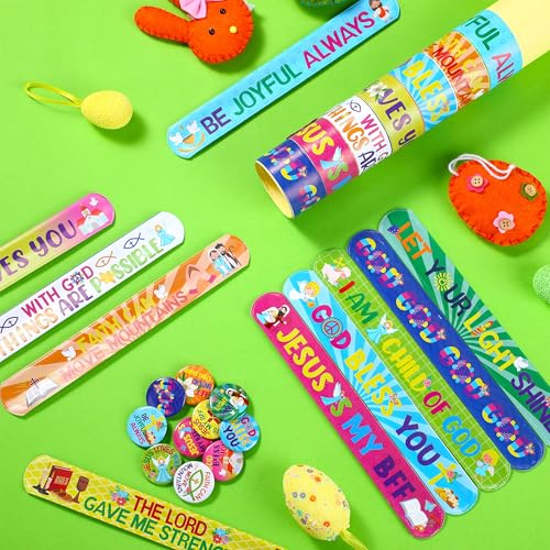 Frienda 60 Pcs Christian Gifts Bulk Pack, Religious Slap Bracelets with Button Pins, Bible Verse Jesus Loves You Wristbands, Faith Party Favors for Sunday School Church Classroom Prizes(God) - style: God
