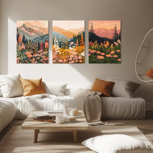 Boho Colorful Watercolor Mountain Canvas wall art Set of 3, Wildflower Posters Wall Decor, Abstract Nature Landscape Artwork Paintings Picture Print for Living Room Bedroom Office 16x24In Framed - color: Tree canvas, size: 24L"x16W"