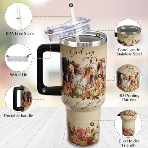 40 oz Horse Tumbler with Handle and Straw, Christian Stainless Steel Vacuum Insulated Travel Coffee Mug Cup Water Bottle, Horses Stuff Accessories Decor Gifts for Women Girls - color: Multicolor, size: 40 Ounces