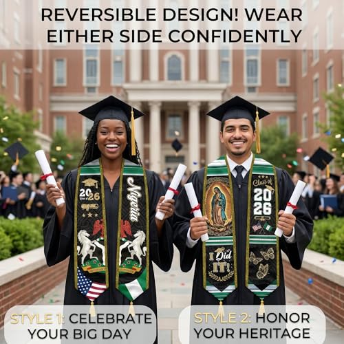 Graduation Stole Class of 2026 Reversible Sash with Gold Glitter Trim and Tassels V-Neck 72 Inch Satin - color: Nigeria & America