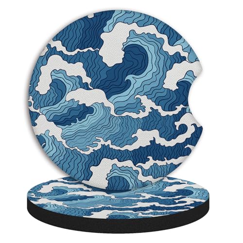 2pcs Car Cup Holder Coasters Sea Wave Pattern Car Coasters,Universal Auto Anti Slip Coasters,Rubber Car Coasters with A Finger Groove, Cute Car Accessories for Women&Men - color: Sea Wave