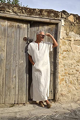 COOFANDY Men's V-Neck Linen Robe Short Sleeve Kaftan Thobe Long Gown Casual Shirt for Beach, Summer - color: 01-white, size: XX-Large