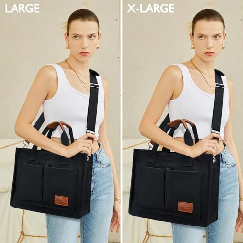 KKXIU Large Canvas Tote Bag for Women with Zipper and Compartments Crossbody Work Bible Messenger Purse Bag With Pockets - color: Black, size: X-Large