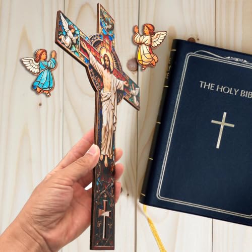 Goodangie00 Wooden Cross Wall Decor - 14" Vintage Christian Blessed Crucifix Wall Art Hanging Decoration for Church Home Living Room, Entryway, Prayer Corner Gift - color: Wood Cross A