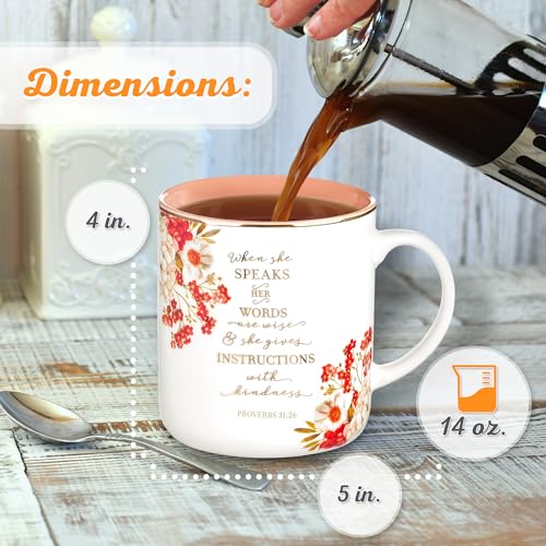 Christian Art Gifts Floral Ceramic Coffee Mug with Gold Rim – 14 oz. Lead & Cadmium-free, Non-toxic Inspirational Scripture Coffee & Tea Mug for Women with Bible Verse: When She Speaks –Proverbs 31:26 - color: Pink Ivory/When She Speaks