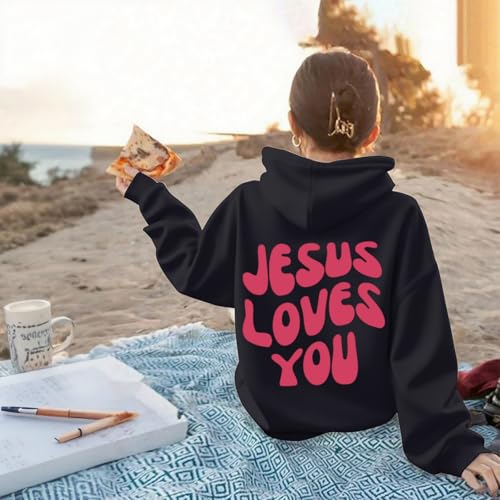 Christian Jesus Loves You Hoodie For Teen Girls Cute Graphic Hoodies Kids Bible Verse Faith Sweatshirt God Pullover - color: Black, size: 3-4T
