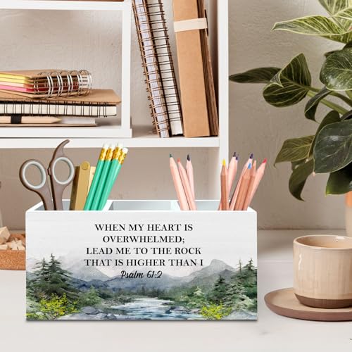 DILSJ Christian Mountain Pen Pencil Holder Organizer for Desk, Christian Gifts for Women Men, When My Heart Is Overwhelmed Bible Verse Wooden Box Signs for Home Office Desk Tabletop Decoration - color: Psalm 61:2