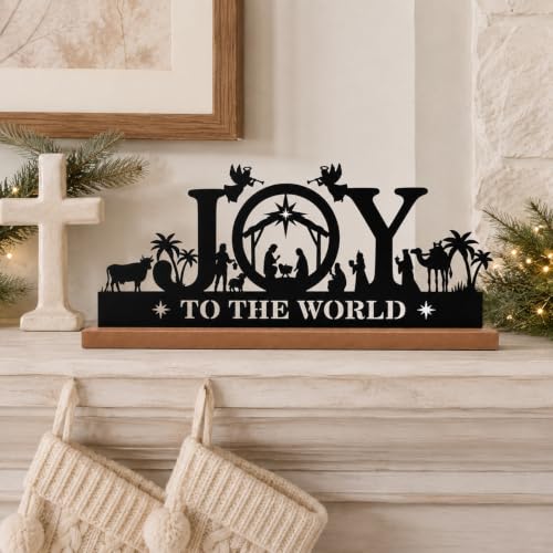 Joy to the World Christmas Decor, Wooden Nativity Scene Tabletop Sign, Religious Christian Decoration for Mantel, Shelf and Home - color: JOY TO THE WORLD