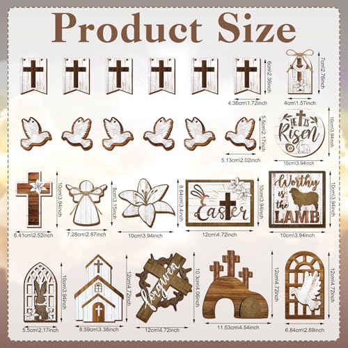 Amyhill 31 Pcs Religious Easter Tiered Tray Decor Christian Easter Decorations He is Risen Christian Wooden Signs Farmhouse Cross Lily Dove Table Decor for Home Kitchen Shelf Coffee Bar - style: Brown Easter