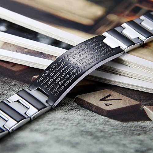 Flongo Men's Vintage Stainless Steel Black Cross English Bible Lords Prayer Link Wrist Bracelet For Men Christmas Gifts - color: silver black, 7.9 inches