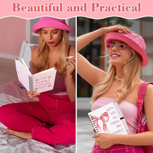 16 Pcs Christian Coquette Pink Bow Spiral Notebooks Bible Verse Ballpoint Pens Religions Cute Aesthetic Journals Notepad Retractable Pen for Office Supplies