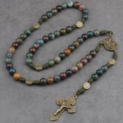 HanlinCC Stone Beads St.Michael Paracord Catholic Rosary with Bag for Men - style: India Agate