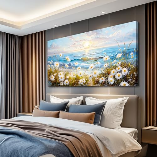 Coastal Landscape Wall Art, Abstract Daisy Wildflower Wall Pictures 30"X60" - color: Flowers Sea Painting, size: 60"L x 30"W