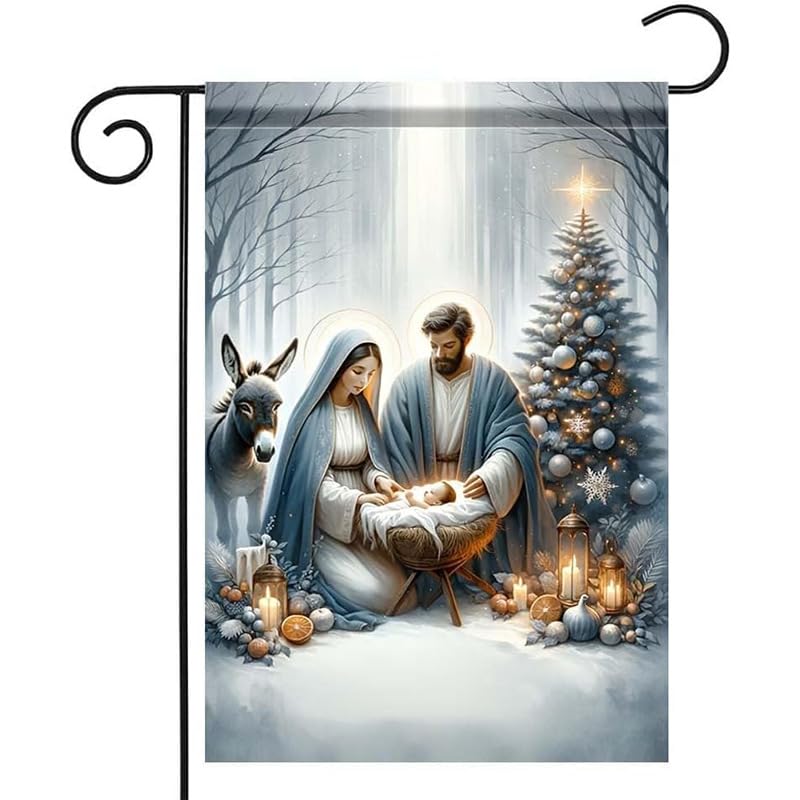 Nativity Scene Polyester Garden Flag-Double-Sided Christmas Yard Lawn Flag, 18X12 Inches-Durable Holiday Outdoor Decoration for Home and Garden