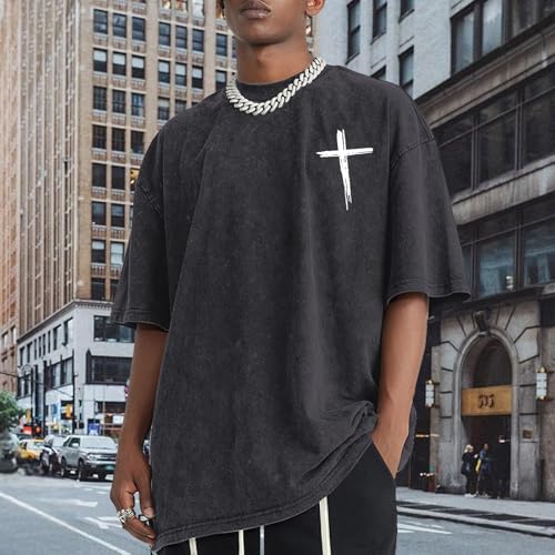 Mens Oversized Christian Shirts Jesus Faith Shirt Funny Gym Graphic Tees God Religious Bible Verse Acid Wash Tshirts - color: Black, size: Large