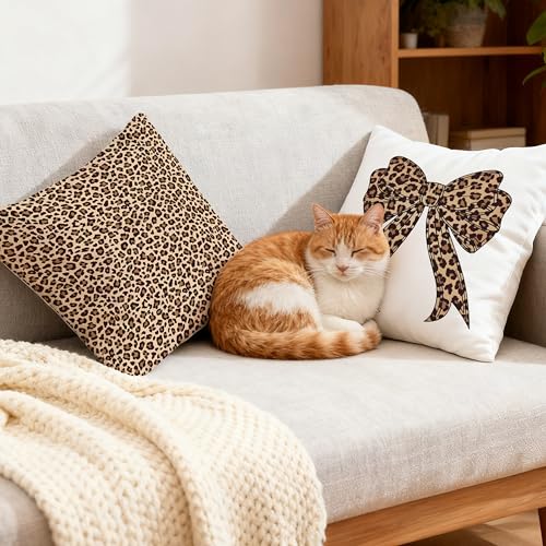 Coquette Leopard Print Bow Pillow Covers 18x18 Set of 2, Leopard Room Decor, Trendy Preppy Cheetah Print Bow Decorative Throw Pillow Covers for Girls Dorm Bedroom Apartment Home - color: Color-11