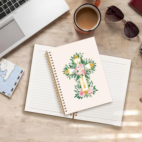 Christian Notebook Journal, Religious Gifts for Women Christian, Floral Cross Prayer Spiral Hardcover Notebook Journal for Church Notes Study Office Work, 5.5x8.3 Inch - color: Pink Flowers & White Cross
