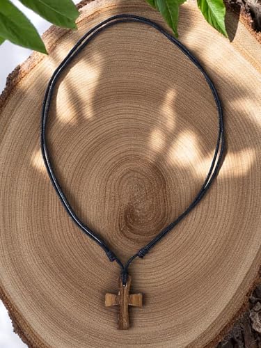 BlueRica Wooden Cross Pendant on Adjustable Cord Necklace - style: Black Cord Brown Cross